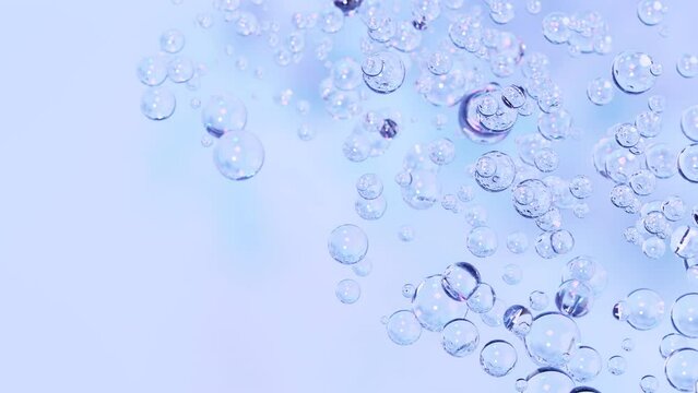 Abstract bubbles loop animation. Transparent glossy spheres or balls, water drops. Elegand light blue background with copy space, 3d motion design. Calming Rhythms, relaxing banner or backdrop