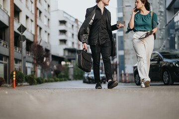 Obraz premium Successful young partners discussing innovative market expansion and strategic planning while walking in the urban city.