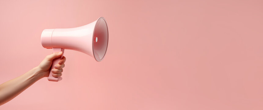 Female hand is holding megaphone. Pink background banner with copy space.