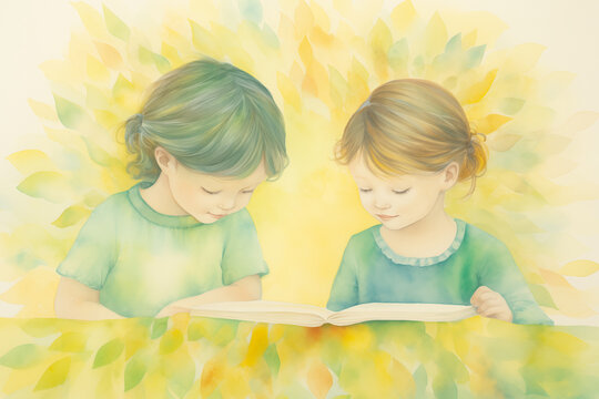 Girls reading a book together. Creative style illustration.
