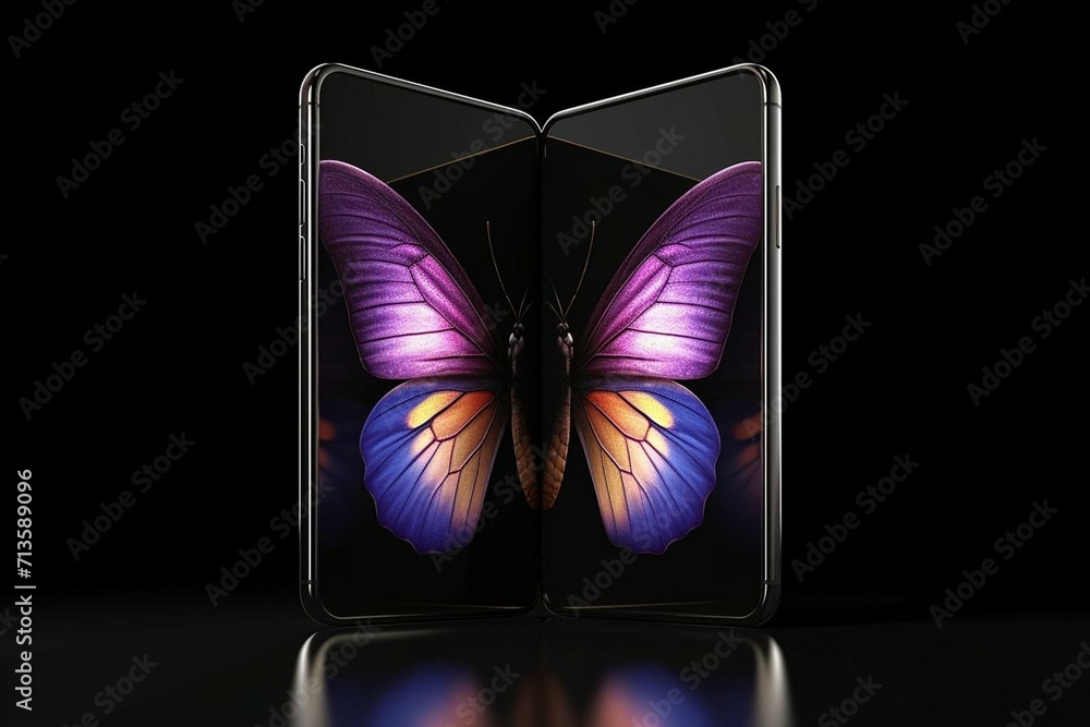 Wall mural Two foldable smartphones folded next to each other with butterfly image on screens. Flexible smartphone isolated on black background. 3D rendering. Generative AI