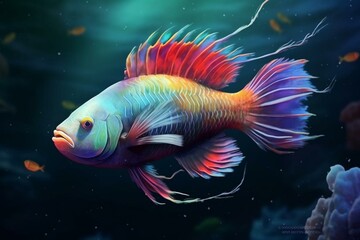 large fish with colored tail and fins swims underwater on seafloor. Generative AI - obrazy, fototapety, plakaty
