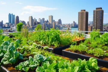 Fototapeta premium Rooftop Garden With City View, Urban Oasis Amidst the Skylines