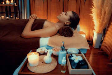 Caucasian woman customer enjoying relaxing anti-stress spa massage and pampering with beauty skin...