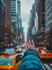 A Photo of a Person Hailing a Taxi On a Bustling City Street