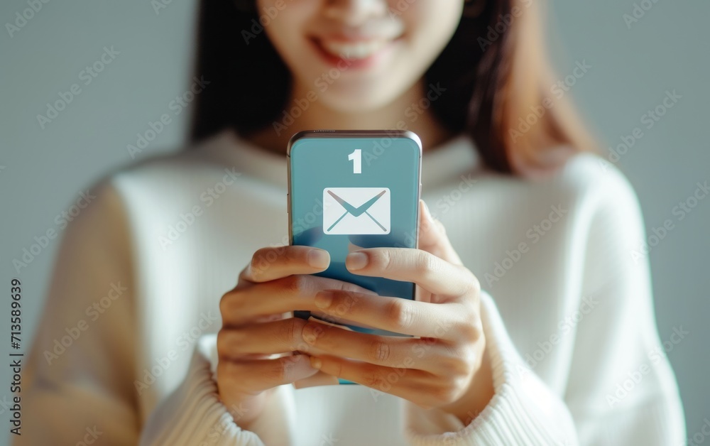 Poster woman hands using a smartphone.mail communication connection message to mailing contacts inbox to vi