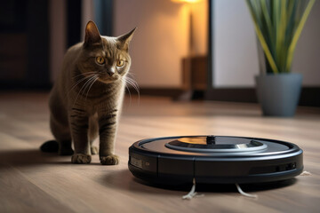 robot vacuum cleaner and cat in modern smart home