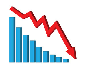 Red 3d arrow going down stock icon on white background. Decrease, Bankruptcy, financial market crash icon for your web site design, logo, app, UI. graph chart downtrend symbol.chart going down sign.
