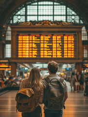 Obraz premium A Photo of a Young Couple Excitedly Looking At a Departure Board in a Train Station