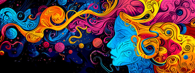 Painting of a Woman With Long Hair, Colorful Digital Painting, Psychedelic Dream, Hallucination