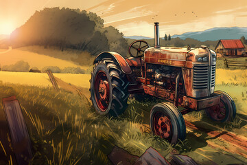 Illustration, focal point on a tractor standing in the center of a spacious and scenic field, vivid colors, rustic charm - obrazy, fototapety, plakaty