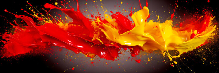 Impressive Explosion of Splashes of Red and Yellow Paint on a Black Background - Abstract Painting