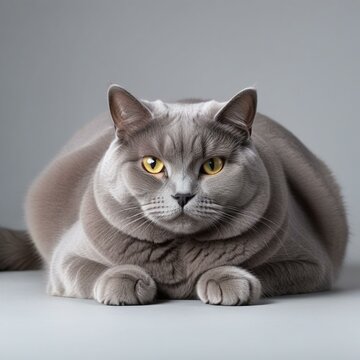 Gray Pudgy Cat: Adorable Studio Photo of Lying Down and Staring Cat