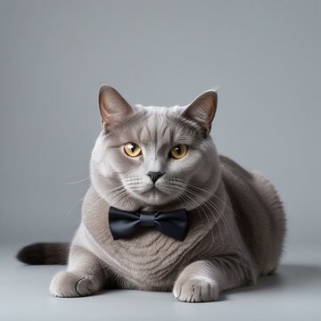 Stylish and Chic Gray Cat with Bow in Studio Photo