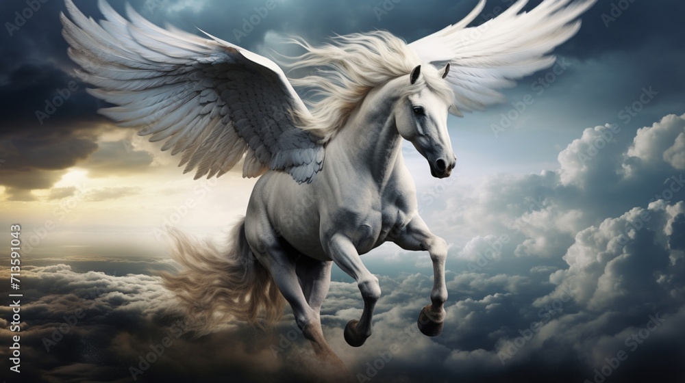 Poster captivating and energetic moment with a pegasus in flight - ai-generative