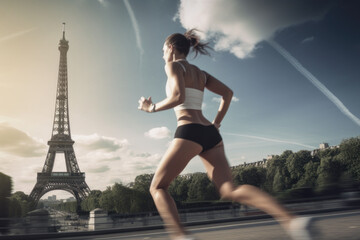 Fototapeta na wymiar one girl jogging in front of the eiffel tower