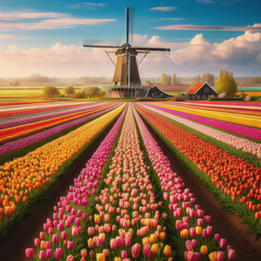 Tulip fields and Dutch windmill