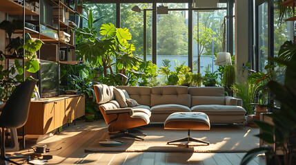 Uma sala de estar moderna e elegante é adornada com uma variedade de exuberantes plantas verdes criando um espaço que transmite frescor vitalidade e conexão com a natureza - obrazy, fototapety, plakaty