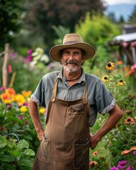 Man With Hat and Apron in Garden