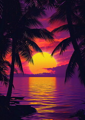 Tropical Sunset Paradise, neon colors, orange sun