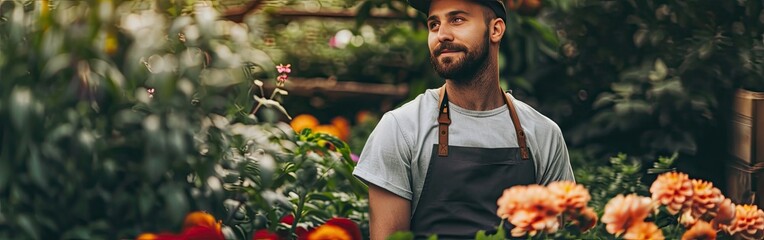 Man Standing Amidst Abundant Flower Garden