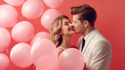 Fototapeta na wymiar Paper pink hearts fly on soft pink color background, border, copy space. Valentine day concept for design. Happy young couple with heart-shaped balloons on color background. Valentine's Day celebratio