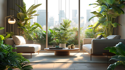 Uma sala de estar moderna e elegante é banhada pela luz natural com grandes janelas revelando uma agitada paisagem urbana ao fundo