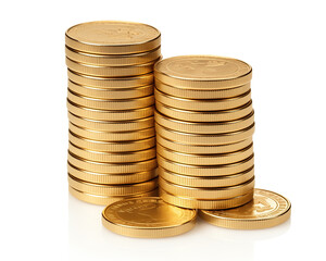 A close-up image showcasing stacks of shiny golden coins isolated on a white background, symbolizing wealth and savings.