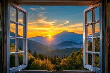 Fototapeta premium Window Overlooking Majestic Mountain Range