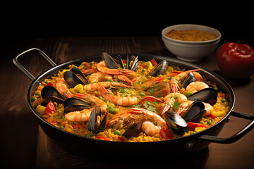 A colorful seafood paella dish with shrimp, mussels, and vegetables, garnished with lemon wedges and herbs, presented on a dark wooden table. Perfect for Mediterranean cuisine enthusiasts.