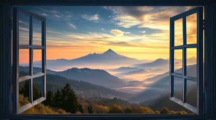 Open Window Overlooking Majestic Mountain Range