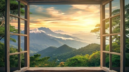 Open Window Overlooking Majestic Mountains