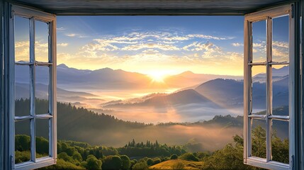 Open Window Revealing Majestic Mountain View - obrazy, fototapety, plakaty