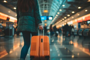 Young woman hand holding luggage handle before checking flight time in airport, Transport, insurance, travel and vacation concepts - obrazy, fototapety, plakaty