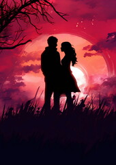 Romantic Pair Silhouettes, Man and Woman against a Purple Sunset