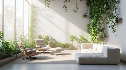 Uma sala de estar moderna e elegante com linhas limpas e móveis minimalistas ganha vida com uma abundância de vegetação