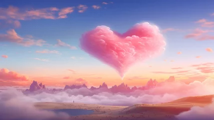 Tuinposter A scenic landscape with heart-shaped clouds in a pastel sky, leaving ample space for text integration amidst the dreamy Valentine's Day scene - Generative AI © Huzaifa