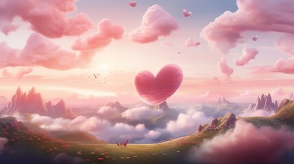 A scenic landscape with heart-shaped clouds in a pastel sky, leaving ample space for text integration amidst the dreamy Valentine's Day scene - Generative AI