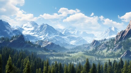 Fototapeta premium A scenic mountain vista with majestic peaks and a clear sky, allowing for text placement against the panoramic landscape, celebrating natural beauty. - Generative AI