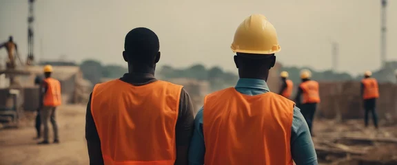 Foto op Canvas Black African architects in orange vests seen from behind looking at a construction site in Africa. © Christophe