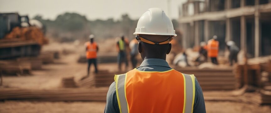 Black African architects in orange vests seen from behind looking at a construction site in Africa.