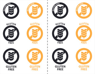 Icon set of vector illustrations for package design of gluten-free food, few variants orange and dark round signs on white background