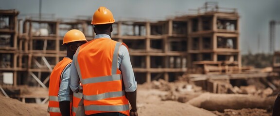 Black African architects in orange vests seen from behind looking at a construction site in Africa.