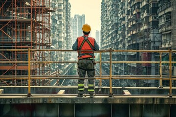 workman standing on an overpass with scaffolding Generative AI - obrazy, fototapety, plakaty
