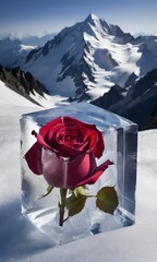 ice cube with a transparent red rose. In the background, the snow-covered Alps