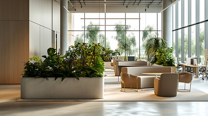 Um espaço de escritório moderno e elegante com grandes janelas inundadas de luz natural