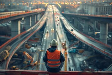 worker looking out above a highway over construction Generative AI - obrazy, fototapety, plakaty