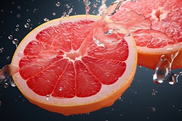 Grapefruit slice in the air with water droplets and splashes, close up healthy food studio shot