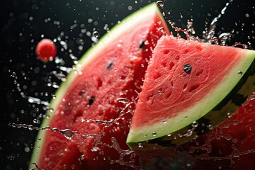 Sliced watermelon floating in the air with water splashes, juicy close up food studio shot with black background - obrazy, fototapety, plakaty