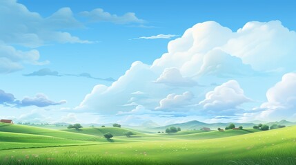 Obraz premium A serene countryside landscape with a non-deformed human figure enjoying a leisurely bike ride, surrounded by rolling hills and blooming fields - Generative AI